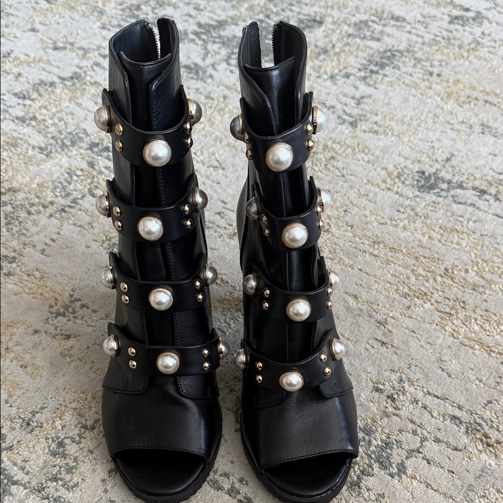 Karl Lagerfeld Black Pearl-Embellished Strappy Heeled Ankle Boots